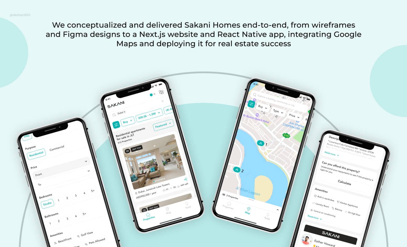Sakani Homes: Fastighetsplattform med Next.js, React Native showcase - PropTech-utvecklare, Fastighetsapputveckling